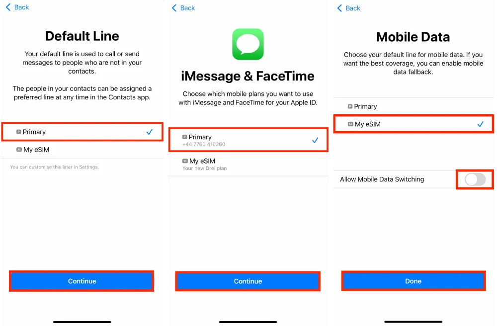 iPhone Default Line is always your Primary SIM when using an eSIM for data because eSIMs don’t come with phone numbers